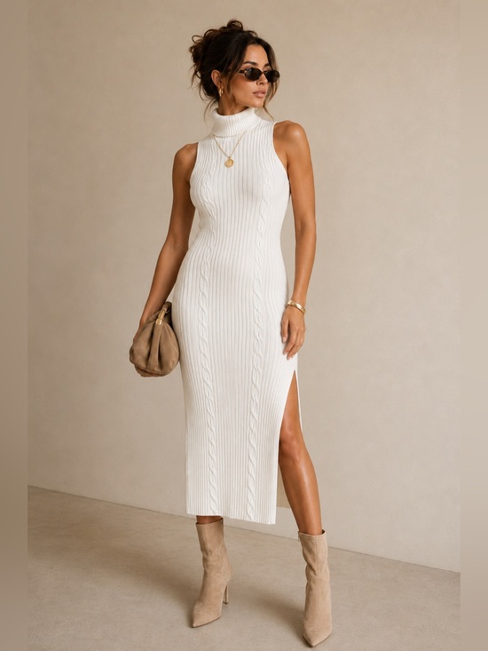 bebe Dresses & Skirts - bebe Ivory Cable Knit Turtleneck Sleeveless Midi Sweater Dress Size S